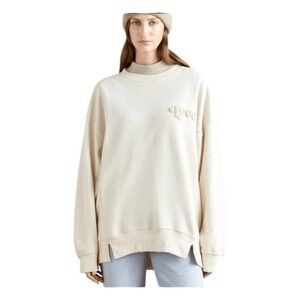 Aerie The Chill Love Crewneck Sweatshirt Cream French Terry Knit Distressed Trim